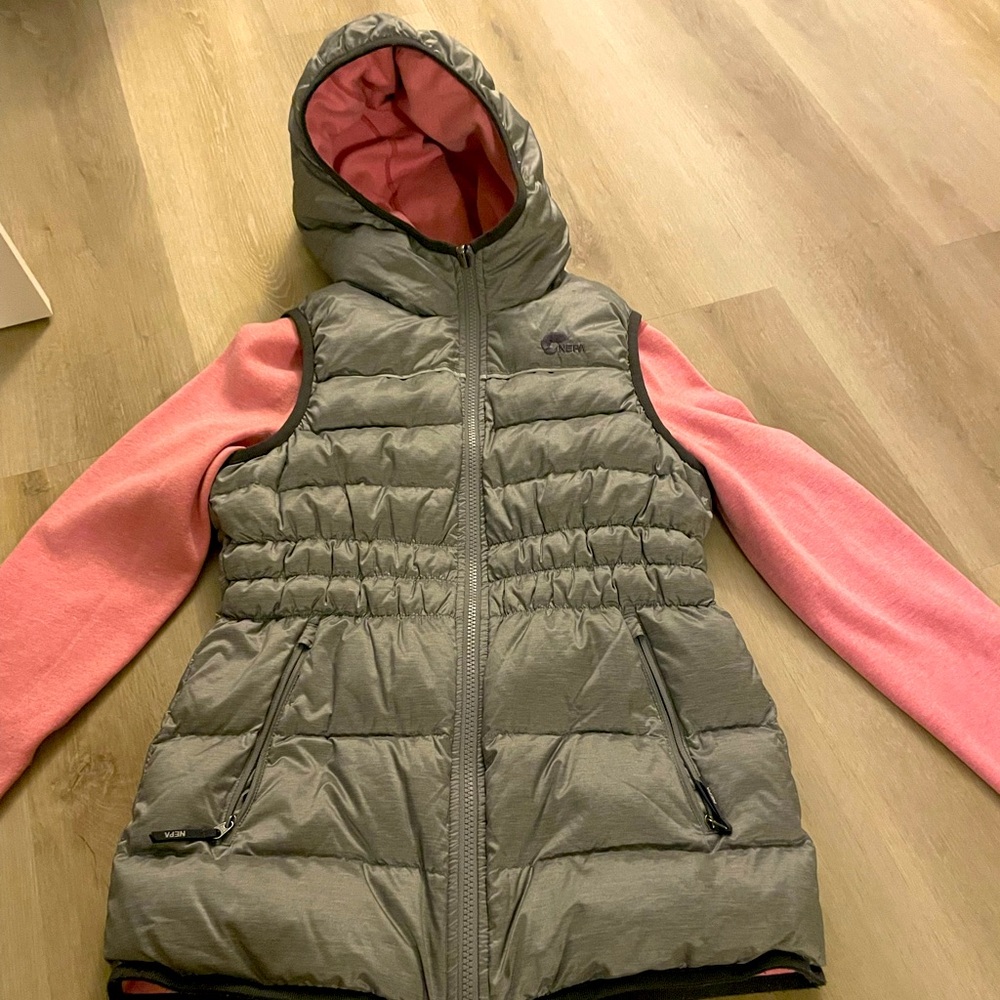 Girl’s Gray REVERSIBLE Hooded Puffer Vest with Pink Sleeves
